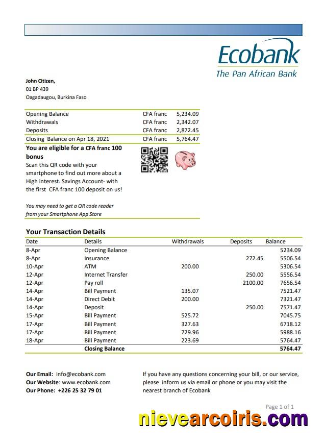 Burkina Faso Ecobank bank statement easy to fill in Excel and PDF format